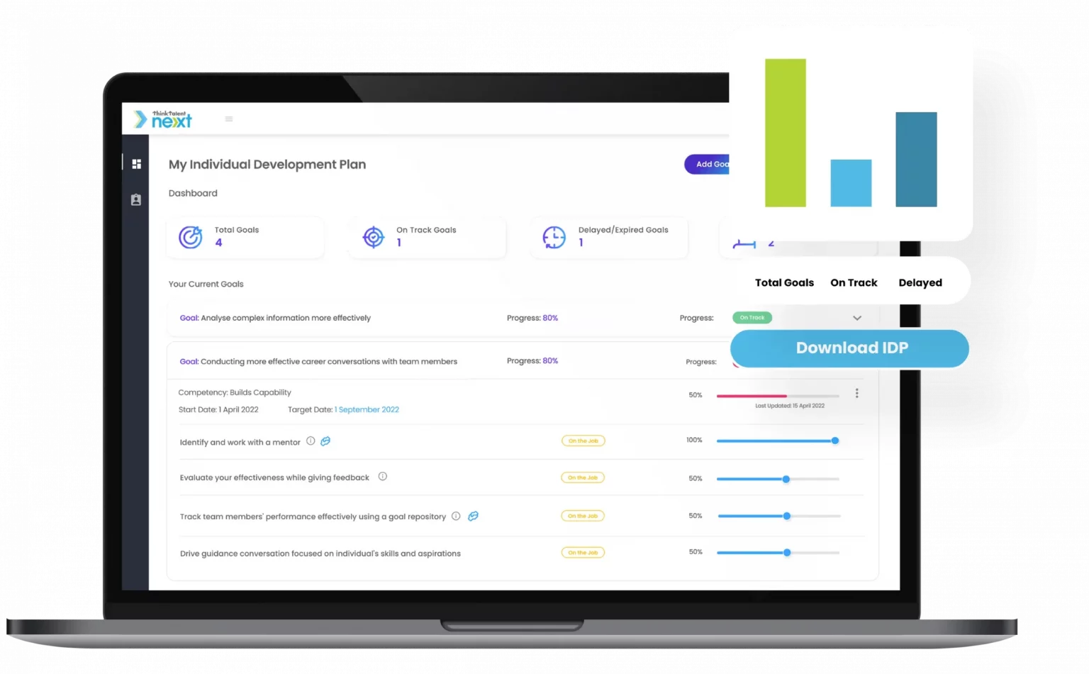 Individual Development Plan dashboard on a laptop with goal progress and a Download IDP button