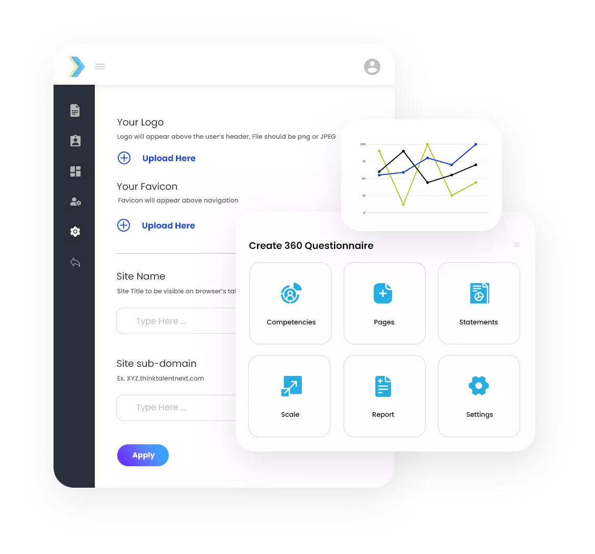 Platform settings for logo, favicon and site name, with the Create 360 Questionnaire panel