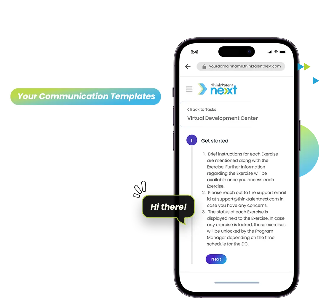Smartphone showcasing customizable platform interface for virtual development centre exercises highlighting branding features, access control, and tailored communication templates