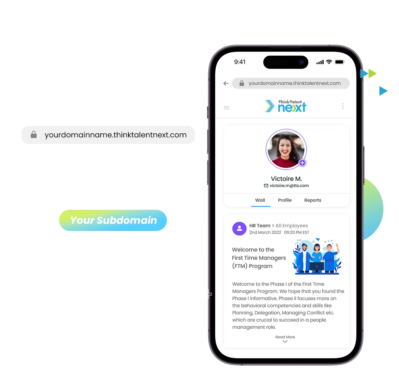 Personalized Talent Management Platform - Smartphone displaying branded user interface welcoming participants to the first-time manager program and integrated with internal HRMS or LMS
