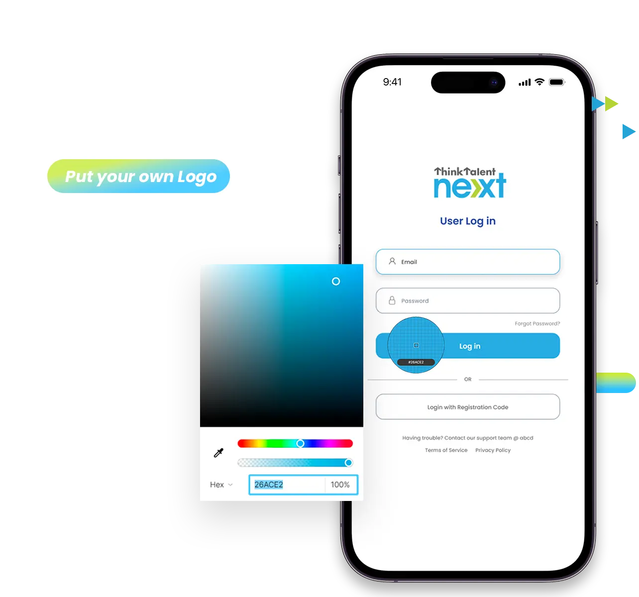 Smartphone displaying customizable participant login screen, featuring fields for email and password and logo and color customization options