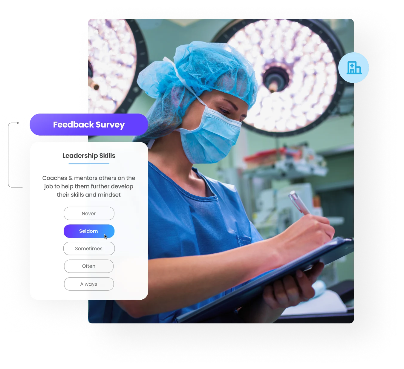 Healthcare professional in surgical setting; Enabling talent development at all levels with 360 feedback Surveys for a Generics and Consumer Healthcare organization