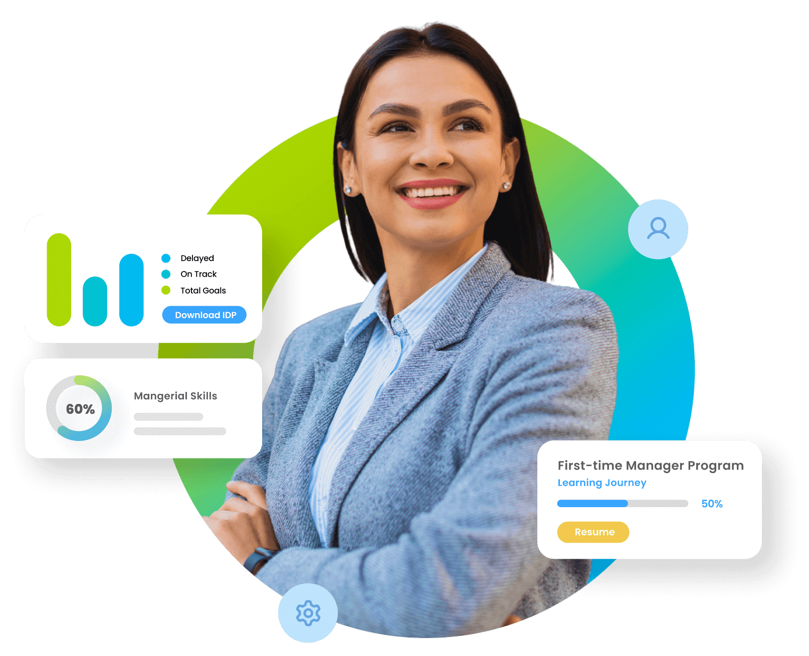 Confident professional woman in a blazer with progress icons, highlighting comprehensive development program for first-time managers