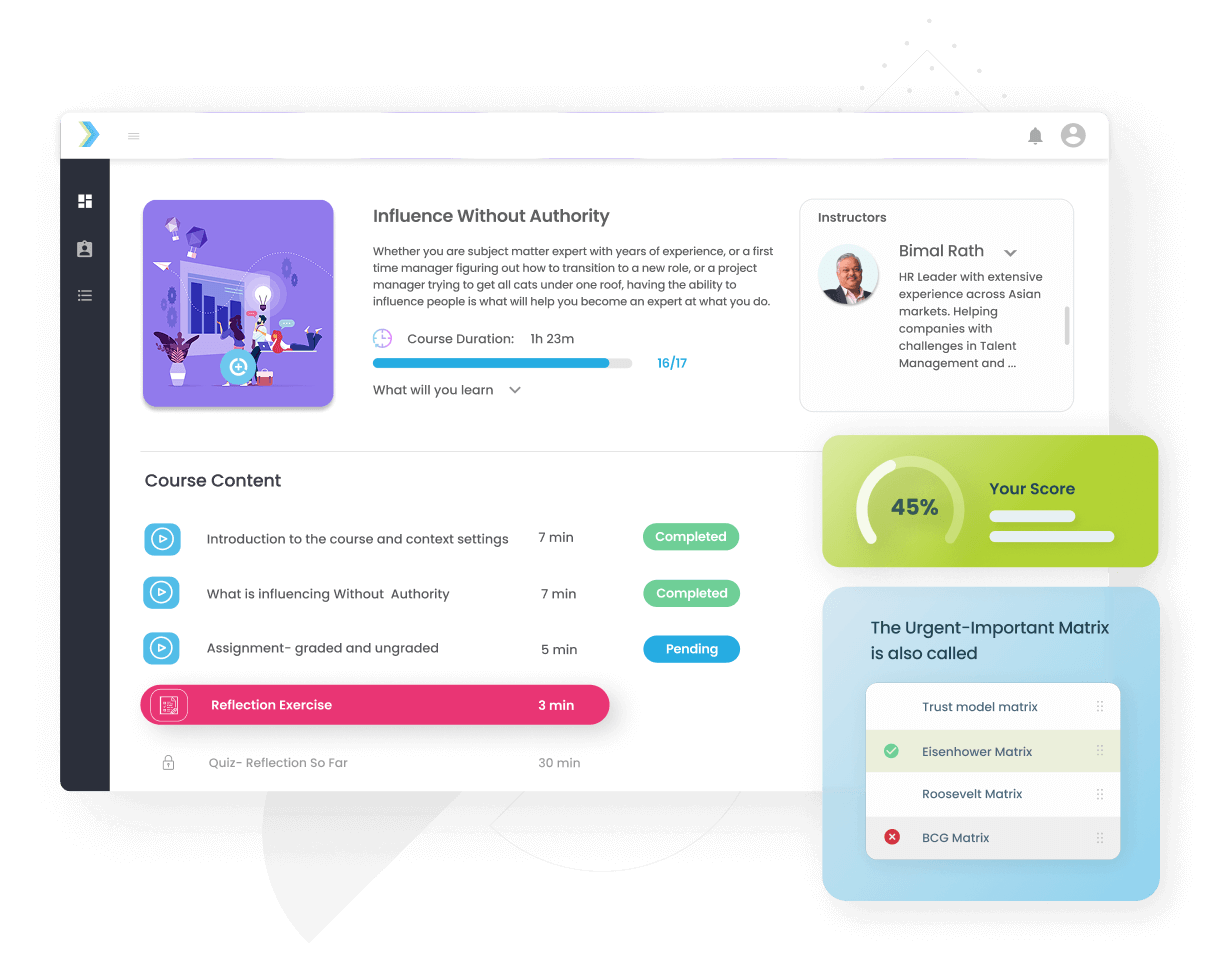 Learning platform showing the Influence Without Authority course, a score card and a quiz