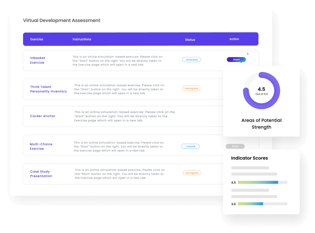 Virtual Development Assessment dashboard listing exercises with status and start actions, alongside potential strength and indicator score cards