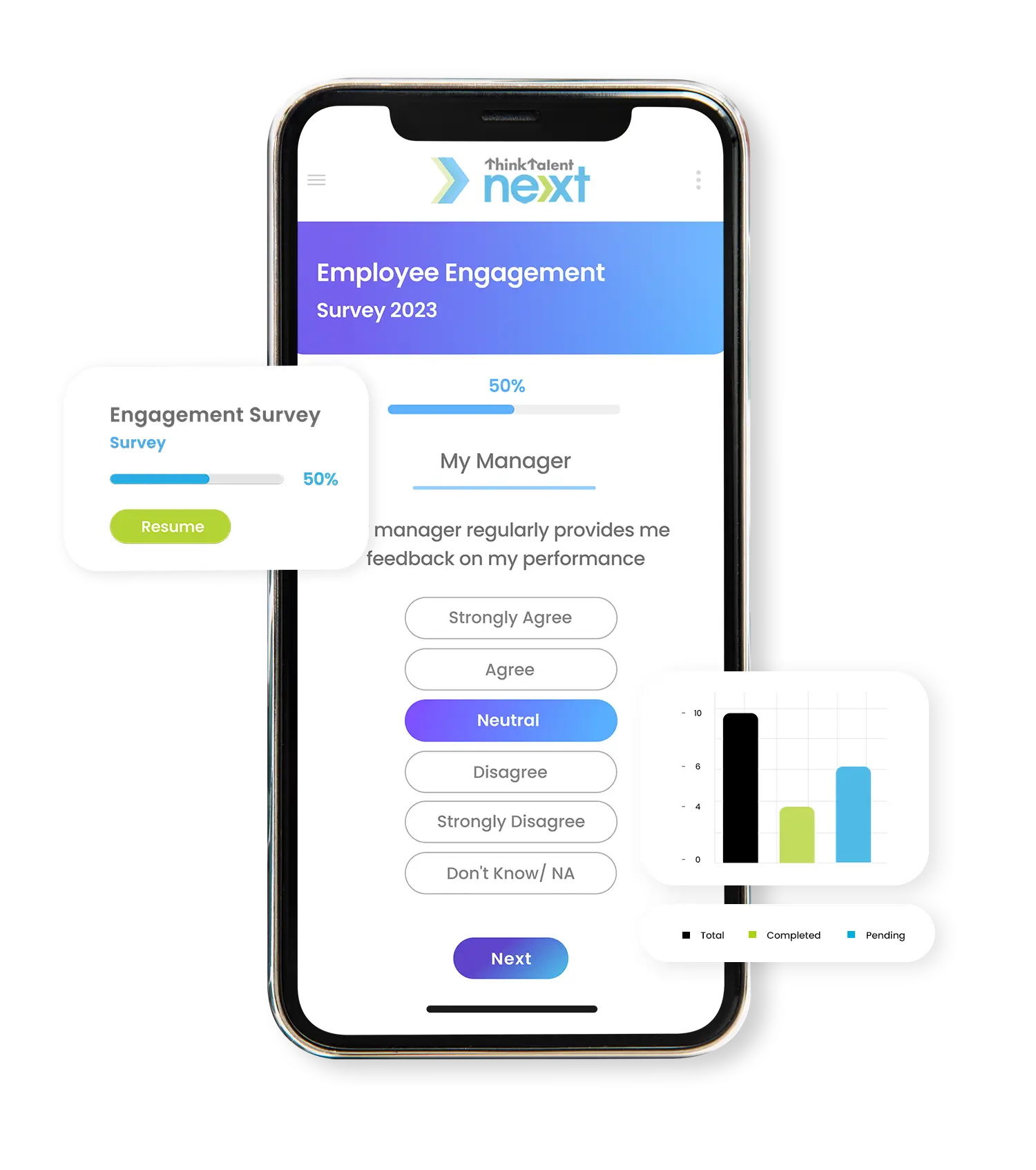 Phone showing the Think Talent Next employee engagement survey, with a progress card and a response chart