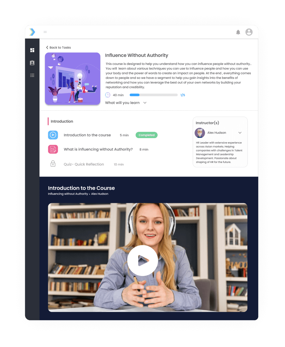 Tablet showing the Influence Without Authority course with lessons, instructor details and an introduction video